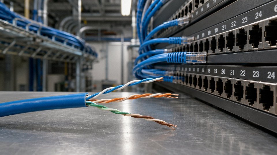 Close-up of Cat 5e cable cross-section showing four twisted pairs beside a network patch panel in an industrial environment