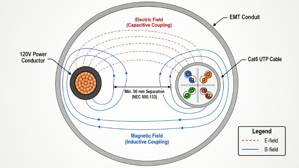 Engineering cross-section diagram showing electric and magnetic field coupling between a 120V power conductor and Cat6 UTP cable inside a shared conduit