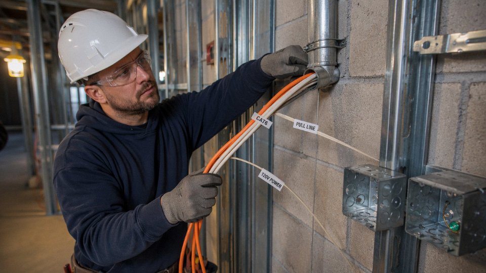 Electrician pulling Cat6 network cable and 120V power conductors through EMT conduit during commercial building rough-in