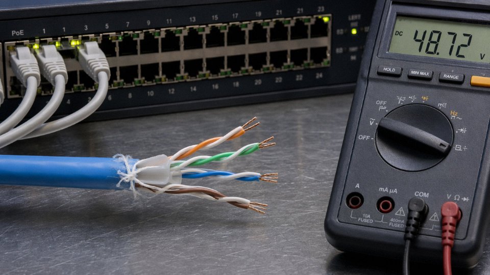 Cross-section of Cat6 cable showing four twisted pairs and spline separator, laid on an industrial workbench beside PoE network switch