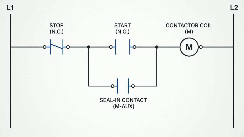 Ladder logic diagram of a three-wire seal-in motor control circuit showing Stop, Start, auxiliary seal-in contact, and motor contactor coil