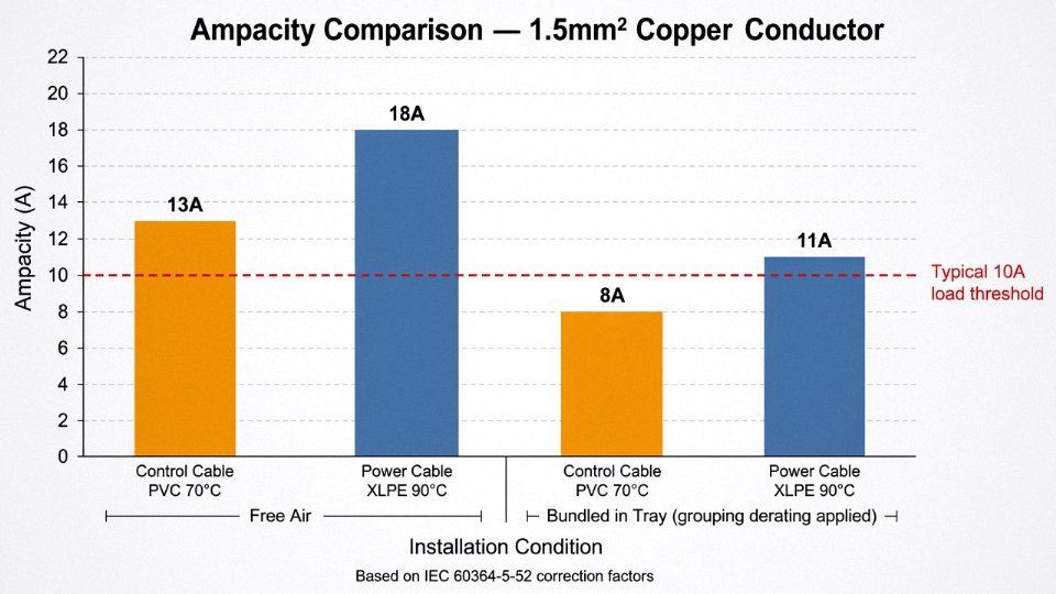 Bar chart comparing ampacity ratings of 1.5mm² control cable versus power cable conductors in free-air and bundled installation conditions