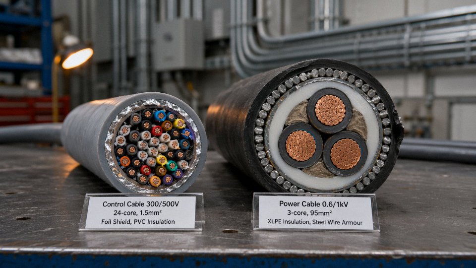 Side-by-side comparison of a control cable and a power cable cut open on an industrial workbench, showing internal conductor and insulation differences