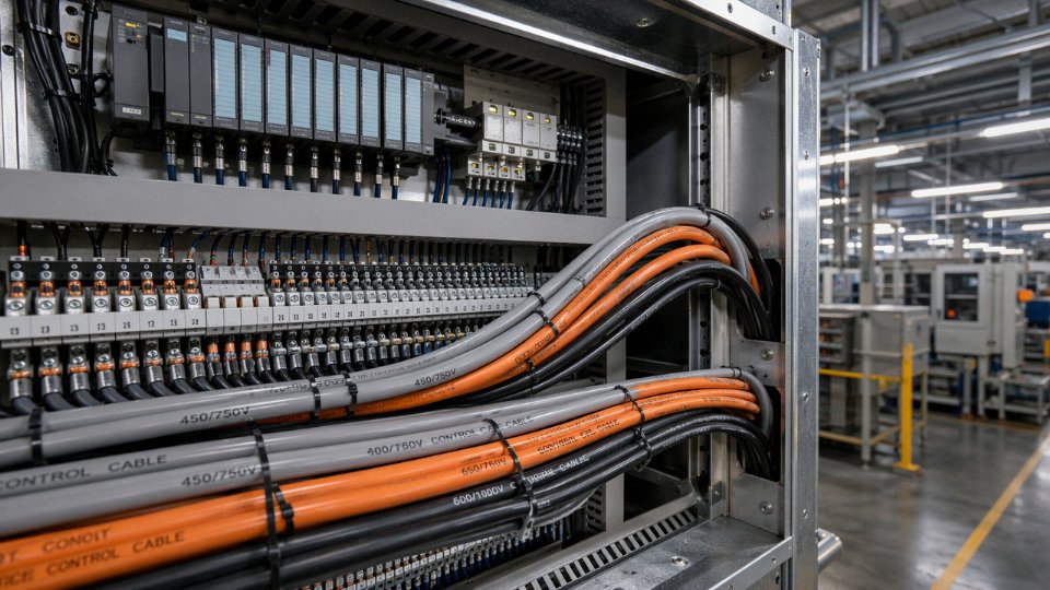 Industrial control cables with visible voltage rating markings laid out in a factory panel room