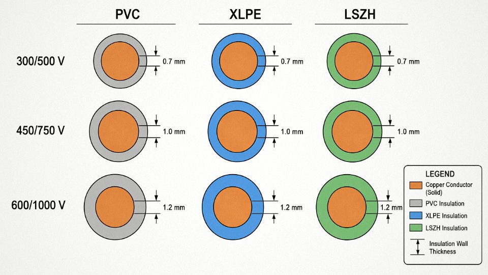 Engineering diagram comparing insulation wall thickness for PVC, XLPE, and LSZH control cables at 300/500 V, 450/750 V, and 600/1000 V ratings