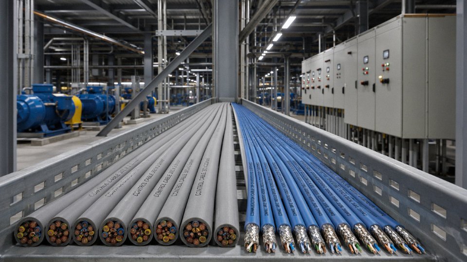 Industrial control cables and communication cables side by side in a cable tray inside a process plant
