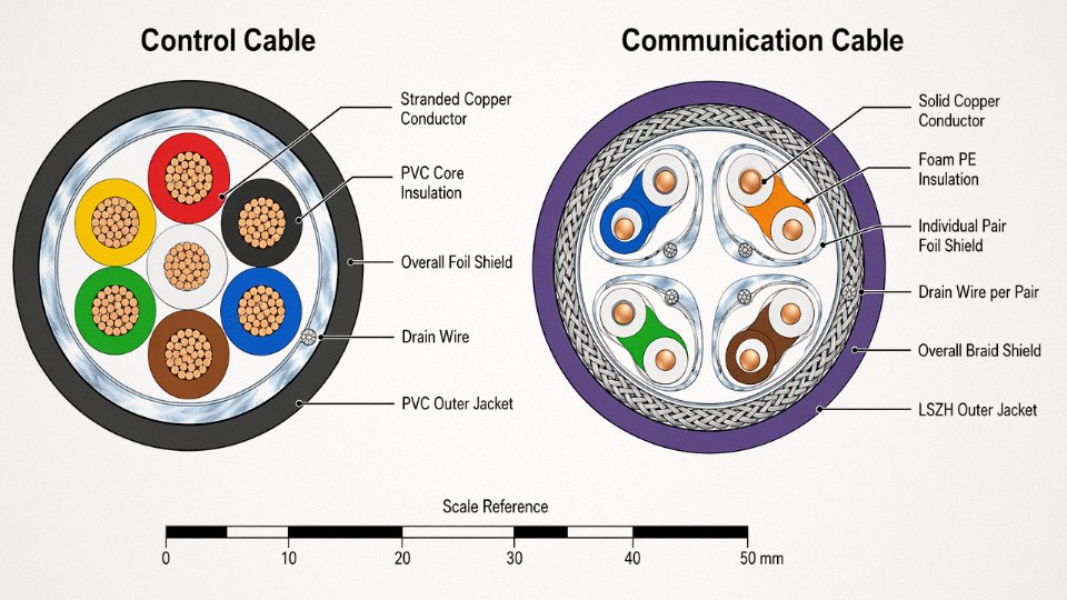 Side-by-side cross-section diagram comparing internal layers of an industrial control cable and a shielded communication cable with English callout labels