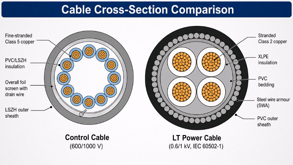 Engineering cross-section diagram comparing internal construction of a multi-core control cable and a four-core LT armoured power cable