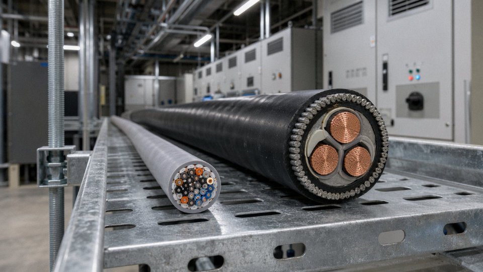 Control cable and LT power cable side by side on an industrial cable tray in a plant room