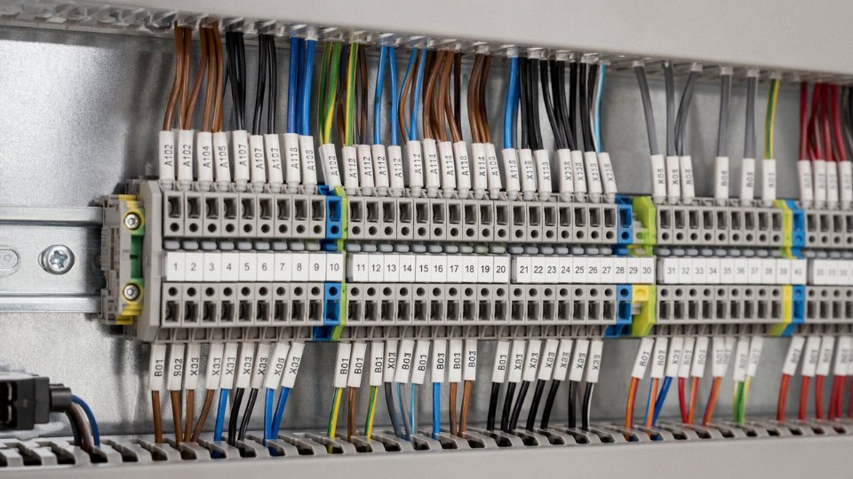 Multicolored control wires terminated at numbered DIN rail terminal blocks inside an industrial control panel