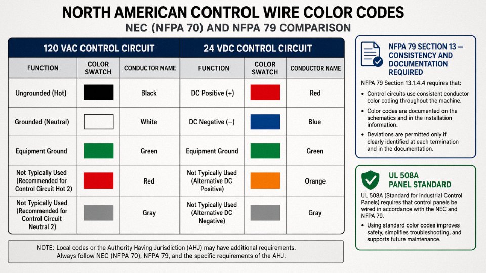 Flat vector diagram comparing NEC and NFPA 79 control wire color assignments for AC and DC circuits