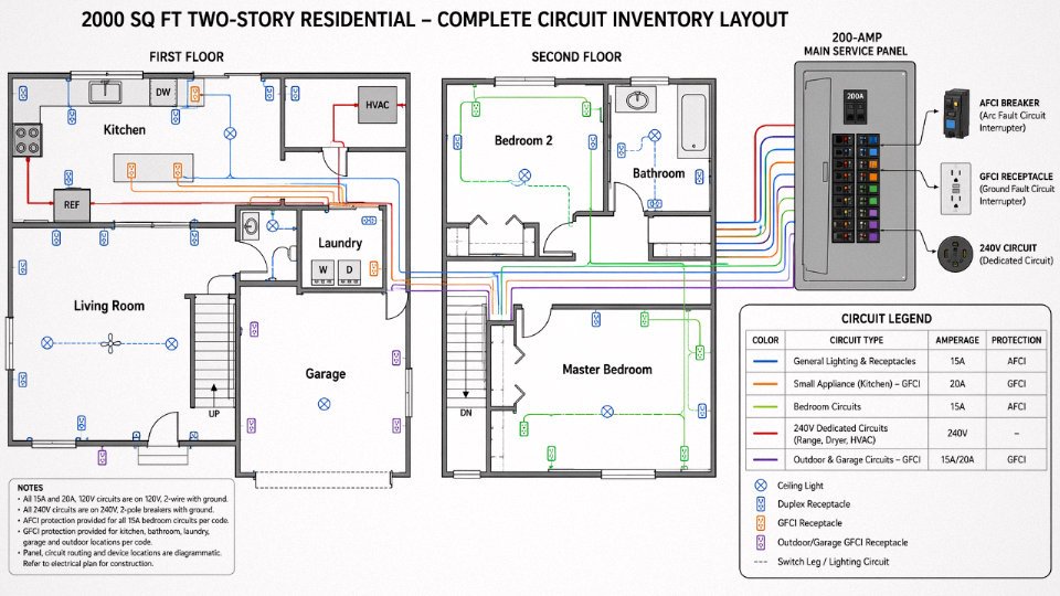 Flat vector floor plan diagram showing the full circuit inventory layout for a 2000 square foot house rewire