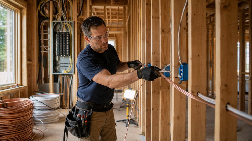 Licensed electrician installing new wiring inside a 2000 square foot residential home during a full rewire project