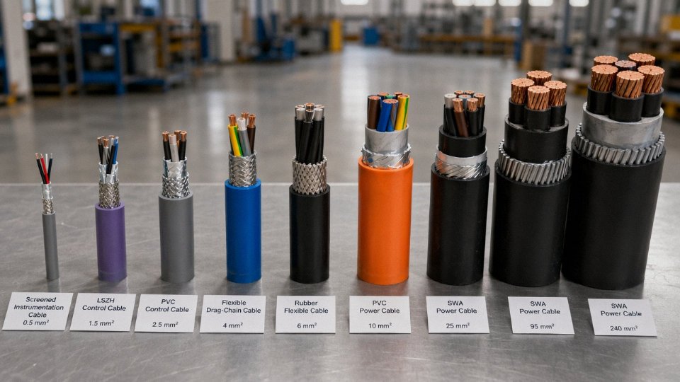 Assortment of industrial cable types with cut cross-sections showing conductors, insulation, shielding, and armoring layers
