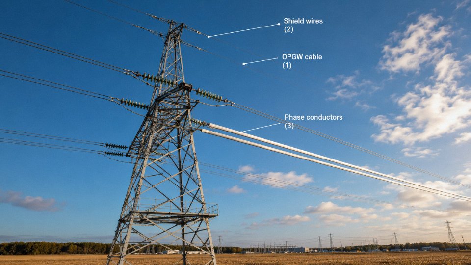 Multiple wire types on a high-voltage transmission tower including phase conductors, ground wires, and OPGW against a clear sky