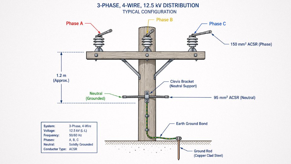 Engineering cross-section diagram of a distribution pole showing three phase conductors on crossarm and neutral wire position below