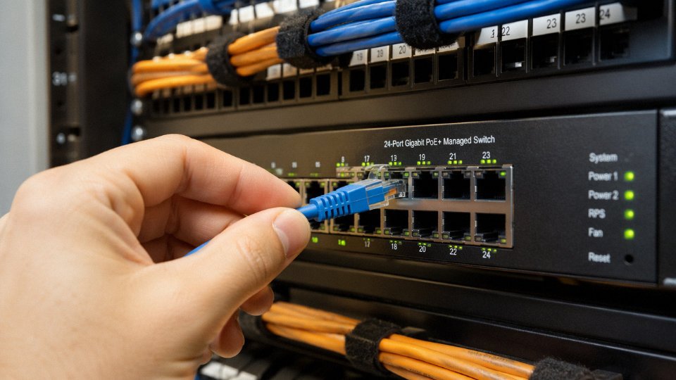 Cat6 Ethernet cable plugged into a PoE network switch in a structured cabling installation