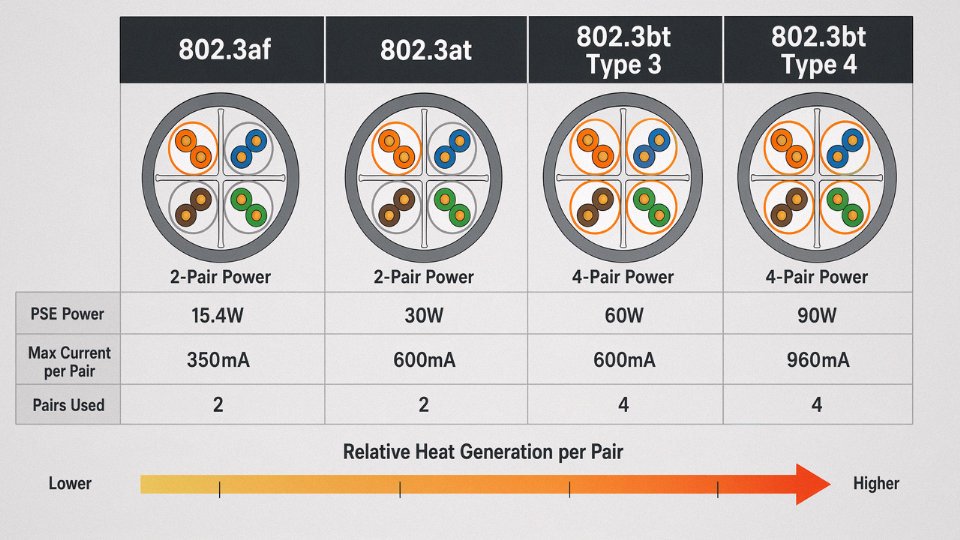 Engineering diagram comparing IEEE 802.3af, 802.3at, 802.3bt Type 3, and Type 4 PoE standards showing pairs used, current per pair, and power levels