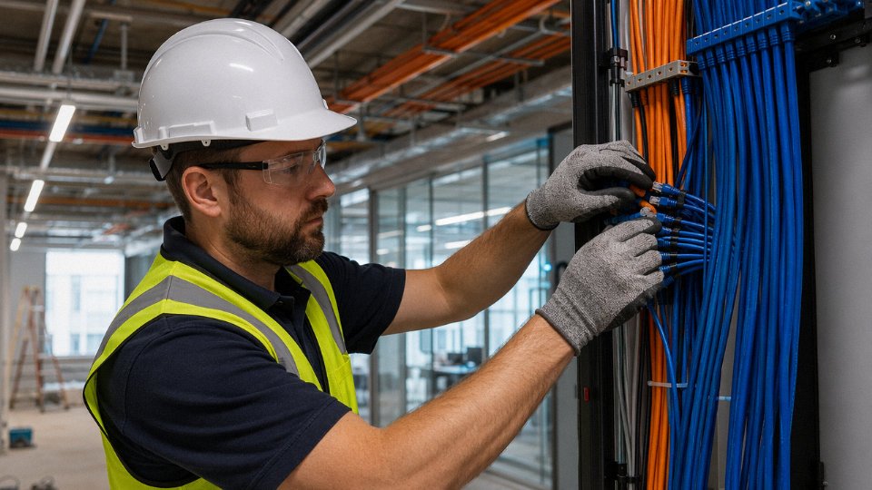 Licensed electrician terminating low-voltage structured cabling and security wiring in a commercial building