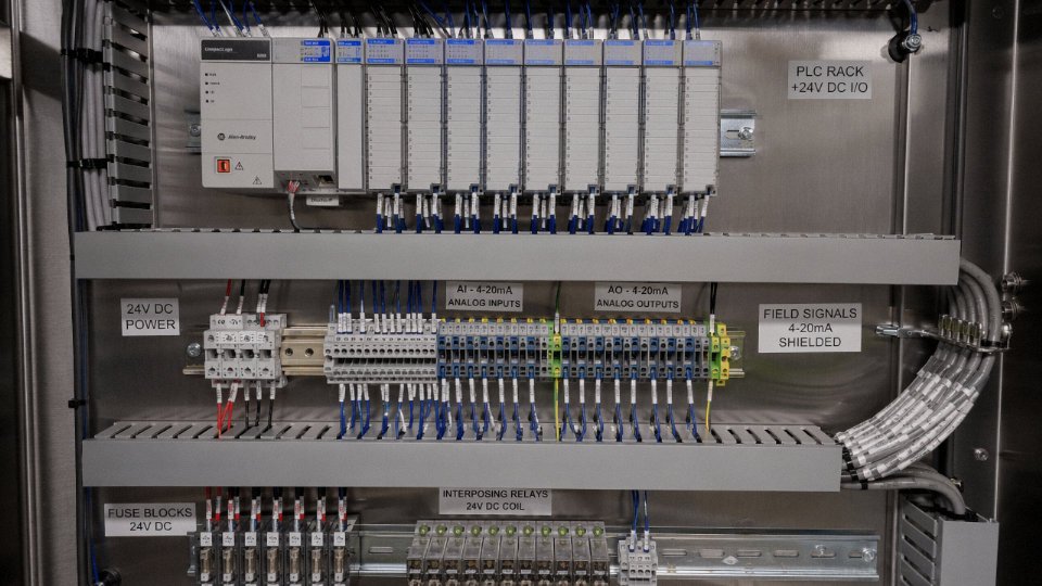 Industrial control panel interior showing 24 V DC PLC I/O wiring, analog 4–20 mA signal loops, and terminal blocks in a manufacturing facility