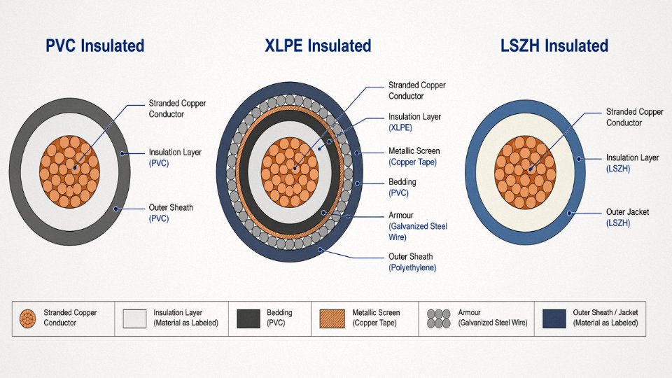 Engineering cross-section diagram comparing PVC, XLPE, and LSZH cable constructions with labeled layers