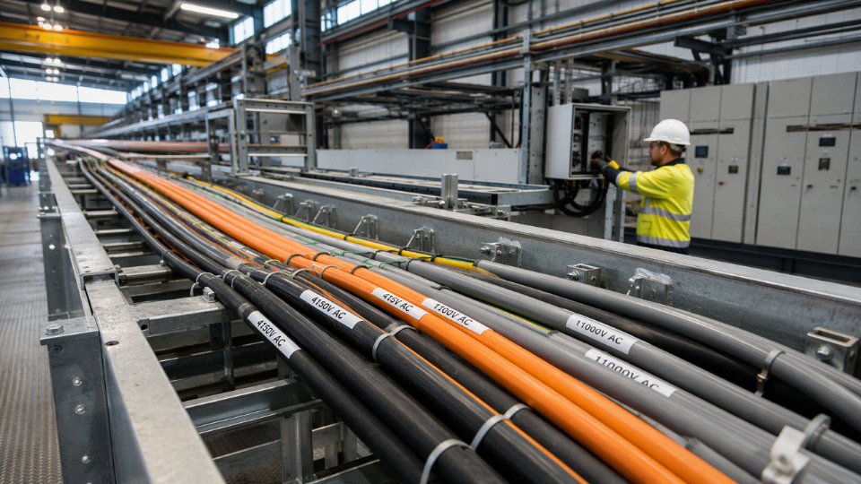 Industrial power cables routed along a cable tray in a manufacturing plant, showing various conductor sizes and insulation types