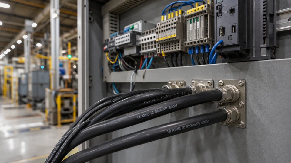 Industrial power cords of various gauges connected to a production line control panel
