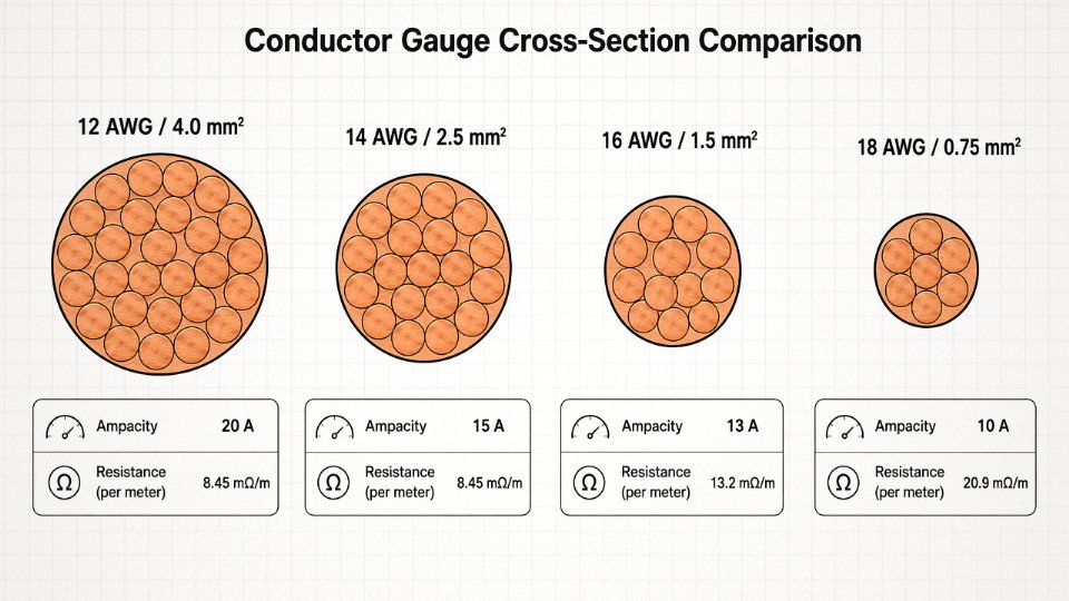 Cross-section diagram comparing AWG 12, 14, 16, and 18 copper conductor sizes with resistance and ampacity values