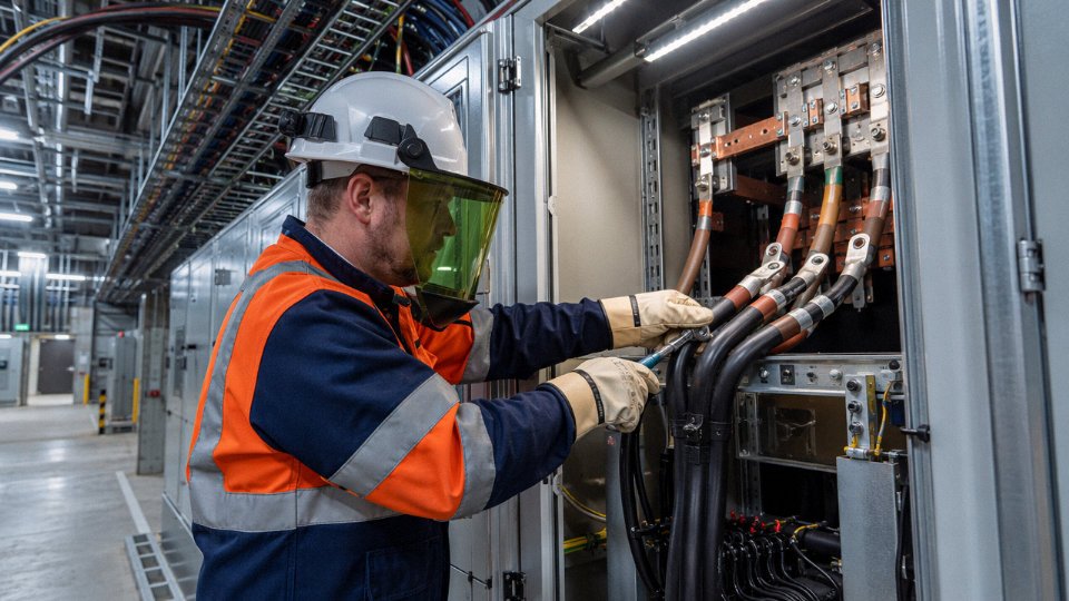 Licensed master electrician terminating armored cable inside an industrial switchgear panel
