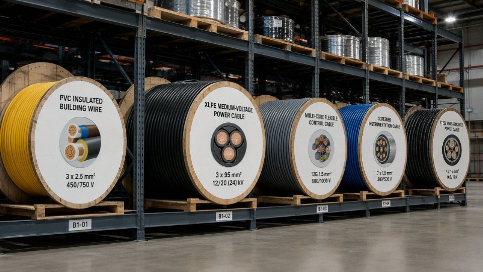 Five main types of industrial wire and cable displayed on warehouse racking, showing building wire, power cable, control cable, instrumentation cable, and armoured cable