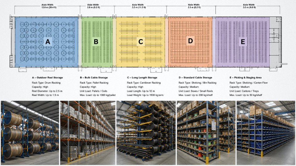 five-main-types-wire-cable-warehouse-01-zone-based-racking-blueprint-five-zones-labeled-A-through-E-with-aisle-widths-and-rack-types