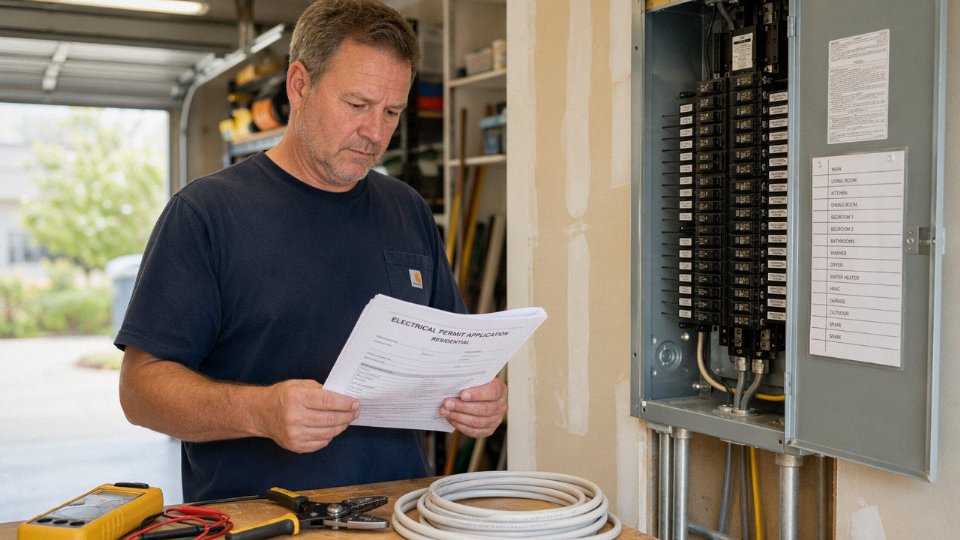 Homeowner reviewing electrical permit documents at a residential main panel
