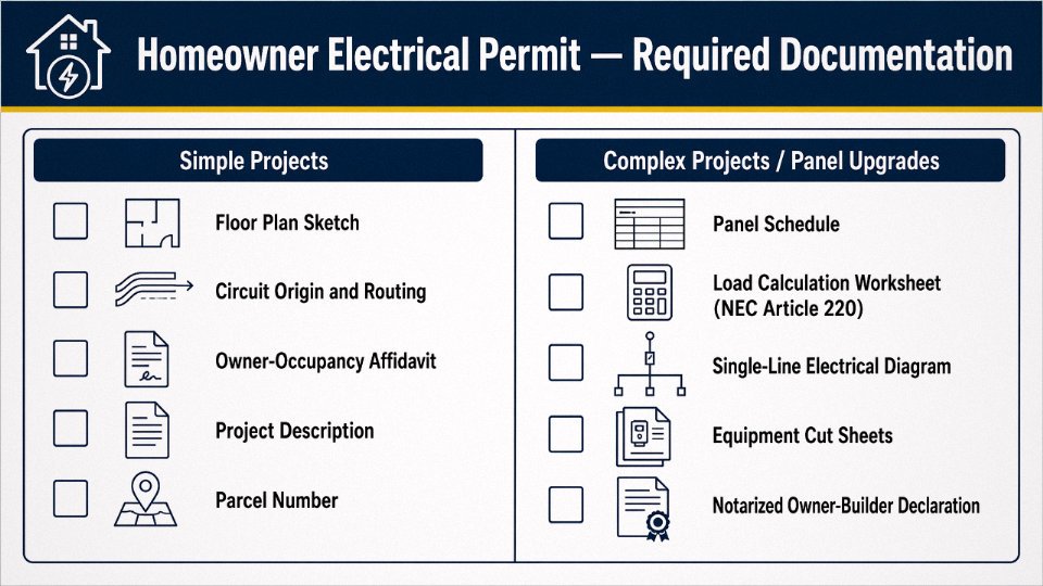 Flat vector checklist diagram showing required documents for a homeowner electrical permit application
