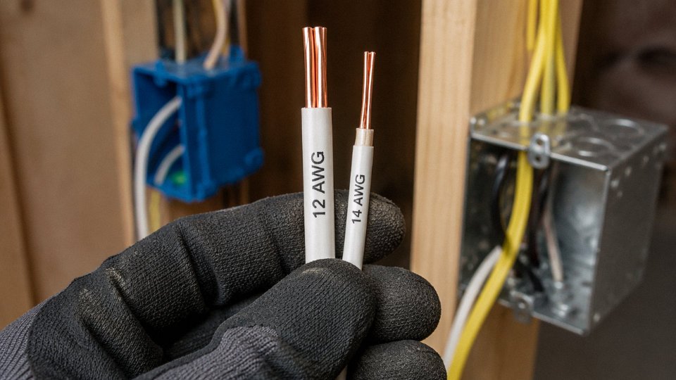 Side-by-side comparison of 12 AWG and 14 AWG copper wire held by an electrician's hand inside a residential wall cavity
