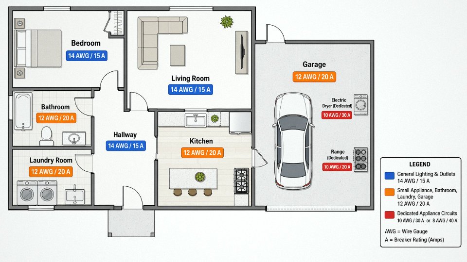 Flat vector floor plan diagram showing required wire gauge and breaker rating for each room in a typical residential home