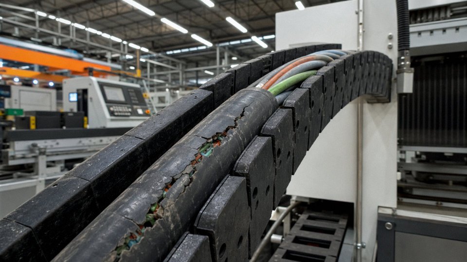 Multi-core control cable with cracked jacket on a flexing drag-chain installation in an industrial facility