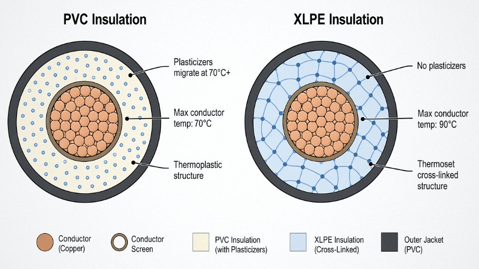 Side-by-side engineering cross-section diagram comparing PVC and XLPE cable insulation structures and molecular properties