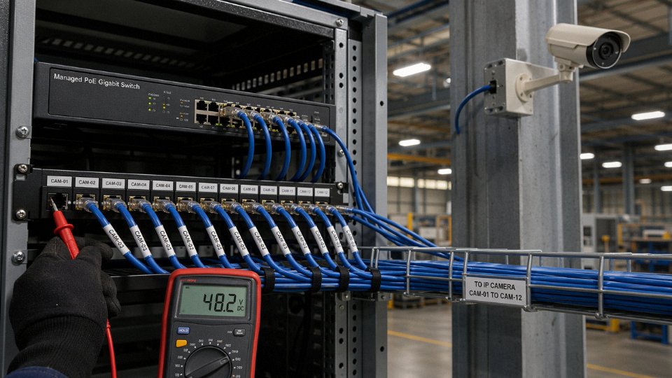 Industrial Ethernet cable run with PoE switch and connected IP camera in a manufacturing facility