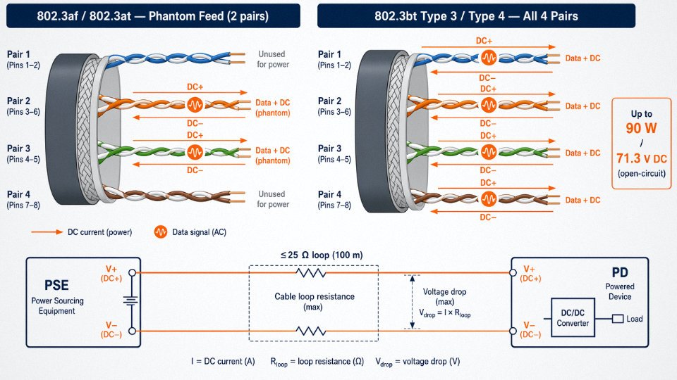 Engineering diagram comparing IEEE 802.3af/at phantom feed method versus IEEE 802.3bt four-pair power delivery on an Ethernet cable cross-section