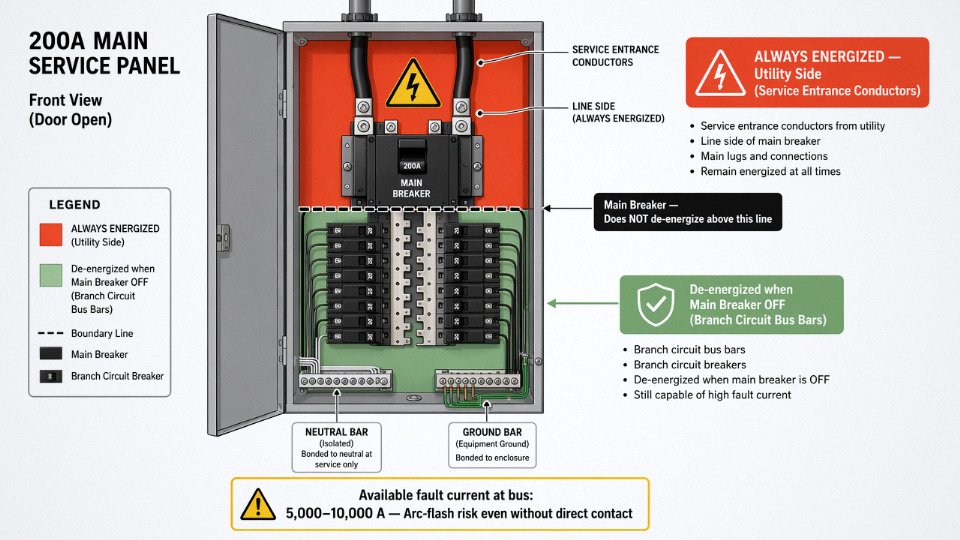 Engineering diagram of a residential 200A service panel showing always-energized service entrance zone above the main breaker versus the de-energized load side
