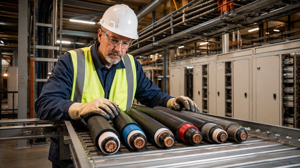 Industrial electrician comparing multiple power cable types on a cable tray in a manufacturing facility