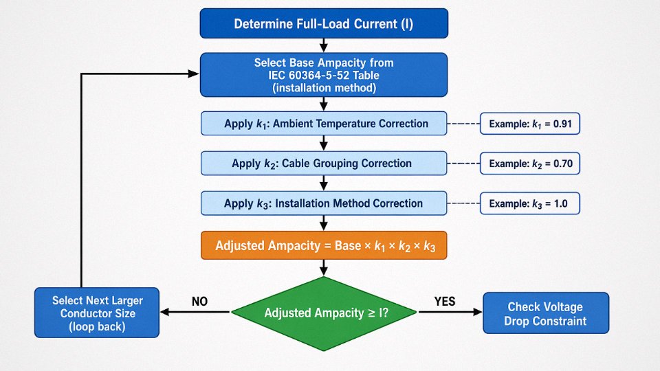 Flowchart showing the step-by-step conductor sizing process including ampacity calculation and derating factors k1 k2 k3