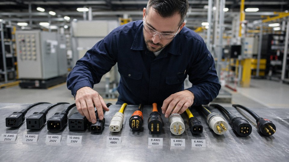 Industrial technician inspecting a selection of power cords on a factory workbench