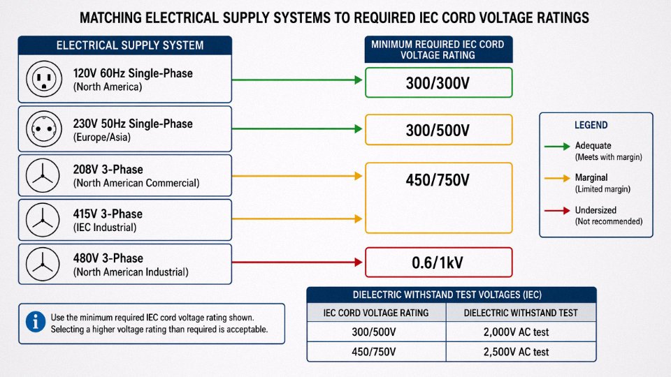 Engineering diagram matching IEC cord voltage ratings to common electrical supply systems worldwide