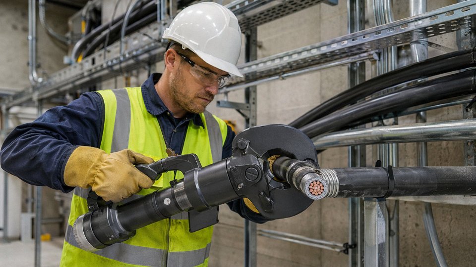 Technician using hydraulic cable cutter to cut a large industrial armored cable on a job site