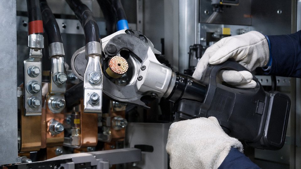 Battery-powered hydraulic cable cutter with rotating head being used inside a congested switchgear cabinet to cut a large copper conductor
