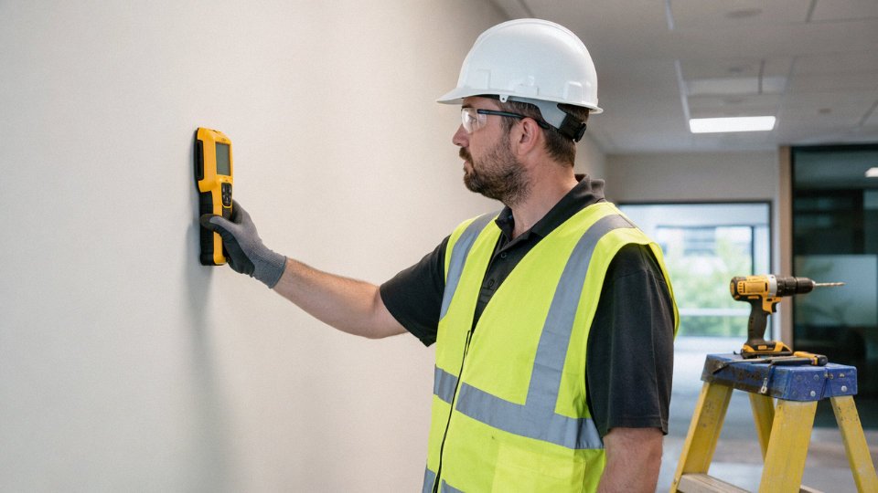 Electrician scanning a drywall surface with a cable avoidance tool before drilling
