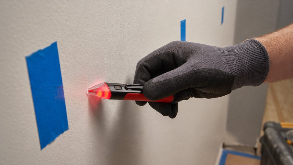 Close-up of a technician sweeping a non-contact voltage detector pen slowly across a plasterboard wall in horizontal passes