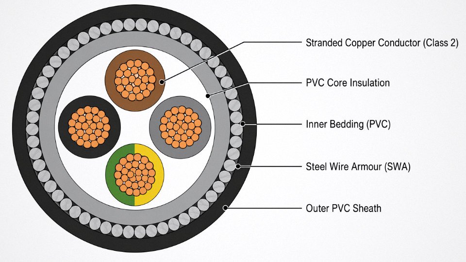 Labeled cross-section diagram of a multicore armored power cable showing all construction layers