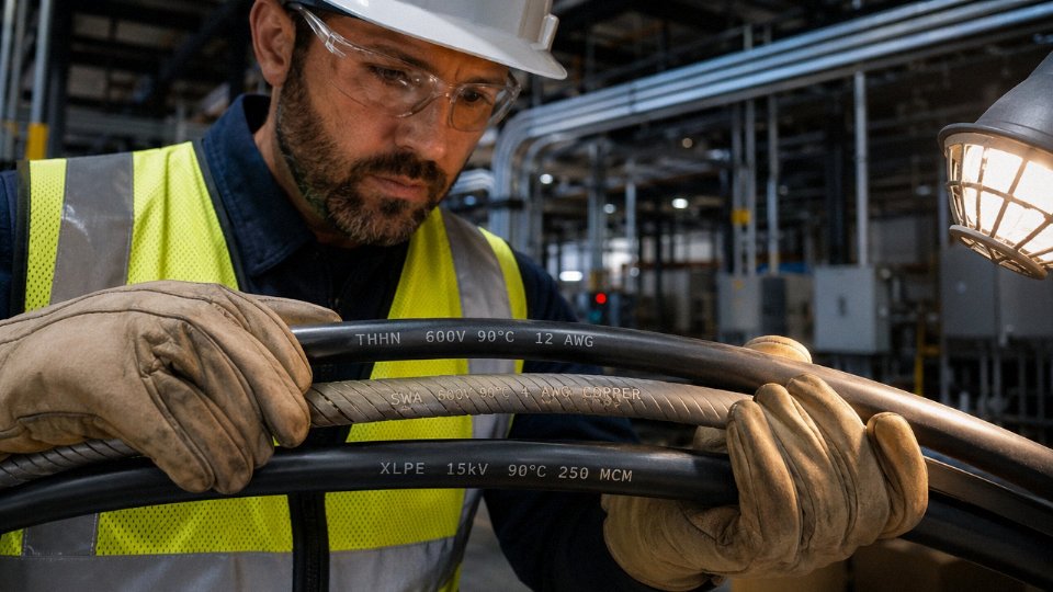 Electrician reading jacket print markings on multiple industrial cables in a cable tray